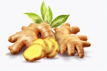 Poster - Fresh ginger root with leaves and slices, creating a vibrant and healthy image