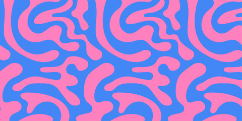 Fototapete - Abstract background pattern with colorful waves. Psychedelic groovy trippy y2k retro seamless pattern in blue and pink colors. Wavy and swirled brush strokes liquid background for packaging design