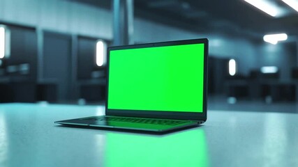 Fototapete - 3d realistic render of laptop model with green screen chroma key monitor in modern office cool lightened cafe with white lights real clean atmosphere, animated video mockup