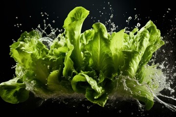 Poster - Green lettuce being washed with splashing water on a black background