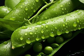 Poster - Close up of fresh green peas covered in water drops, conveying a sense of freshness and healthy eating