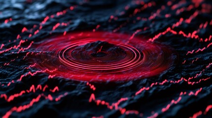 Poster - Red seismic waves are spreading on a dark ground from the epicenter during an earthquake simulation, suggesting a powerful tremor and potential destruction