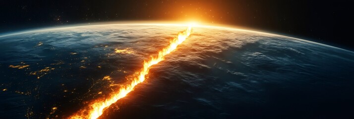 Poster - Massive tectonic plates shifting, cracking earth's surface, revealing molten magma during catastrophic seismic event threatening global landscape
