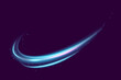 © Ekaterina Mikhailova - Neon light line effect with glow and speed. Abstract blue wave with magical swirl, trail and sparkle. Futuristic motion flare on dark background. Shiny digital vector shape with electric energy.