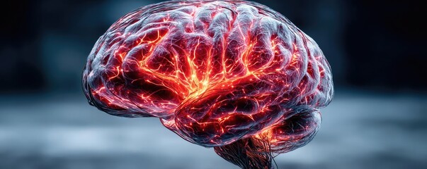 Poster - Brain reset concept. A vivid representation of a brain with glowing neuron activity.