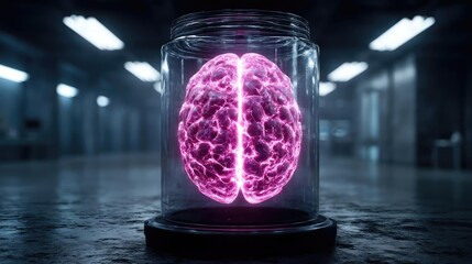 Poster - Brain reset concept. A glowing brain in a jar representing advanced neuroscience.