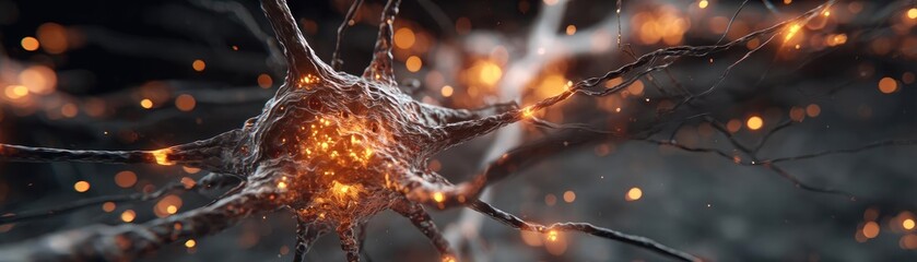 Poster - Brain reset concept. Detailed image of a neuron with glowing connections and particles.