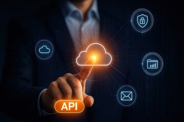 Fototapete - API Integration: A businessman's finger touches a glowing cloud icon, symbolizing seamless API integration with various data points, including security, files, and email.