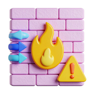 Pink Brick Wall 3D Render: A vibrant pink brick wall serves as a backdrop for a 3D rendered composition featuring a flame, arrows, and an exclamation mark in a playful, cartoonish style.