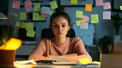 Poster - Overworked business professional working overtime, surrounded by colorful sticky notes, displaying intense concentration while seated at desk during late evening hours