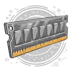 Poster - Doodle illustration of a RAM stick with stars and a circular element on a black backdrop