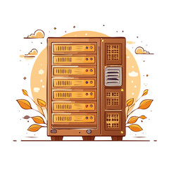 Poster - Server farm equipment illustration in warm brown tones with stylized leaves and sky creating a welcoming atmosphere for technology infrastructure