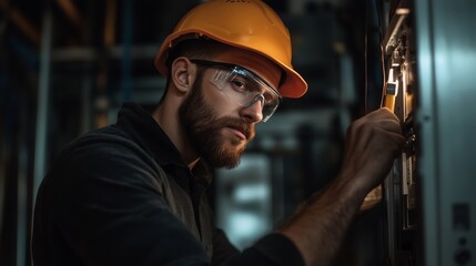 Poster - Skilled technician working on electrical equipment in a dimly lit industrial setting during the evening hours