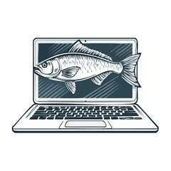 Poster - Fish Jumping Out of Laptop Screen Creative Conceptual Design Innovative Technology Aquatic Wildlife Vector Art Illustration