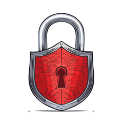 Poster - Red Shield Lock Security Access Vector Illustration Symbol Protection Privacy Safety Steel Closed Padlock Authentication Security Systems