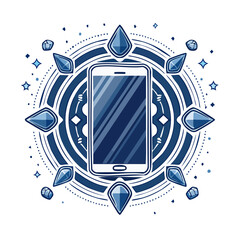 Poster - Modern smartphone surrounded by abstract diamond shapes and stars against dark background digital illustration mobile technology concept