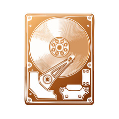 Poster - Vintage Style Hard Disk Illustration Copper Tones Internal Computer Component Data Storage Technology Isolated on Black Background