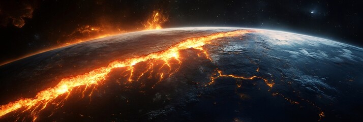 Poster - Seismic waves are causing a massive earthquake, creating deep fault lines on a planet's surface and triggering a magma eruption, highlighting the powerful forces of nature at play