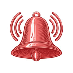 Poster - Ringing Red Bell Illustration with Sound Waves for Alert Notification on Black Background Symbolizing Communication and Announcement