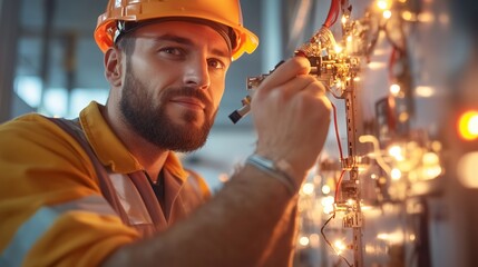 Poster - Skilled electrician works on control panel in industrial setting during evening hours