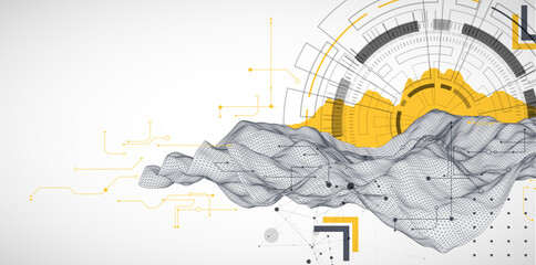 Poster - Abstract data background with wireframe wave and circuit lines. Technology concept. Vector