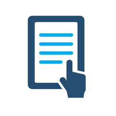 Poster - Vector icon of a hand touching or tapping a digital document on a tablet. Suitable for user interface design, mobile apps, and digital library systems.