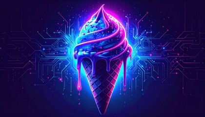 Poster - Neon swirl ice cream cone against a dark background with abstract digital circuitry and glowing vibrant colors