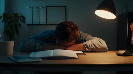 Poster - Exhausted businessman slumping over desk in dimly lit office, head down, displaying workplace burnout and extreme work related fatigue during late night hours