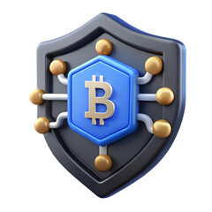 Poster - High quality 3d rendering icon bitcoin crypto security shield finance cryptocurrency decentralized technology blockchain network golden symbol land transportation isolated on white background
