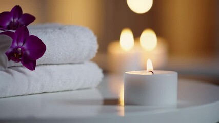 Aufkleber - Pristine white towels nestled near delicate purple orchids and softly glowing candles create tranquil wellness atmosphere with serene, elegant ambiance for relaxation and beauty treatments