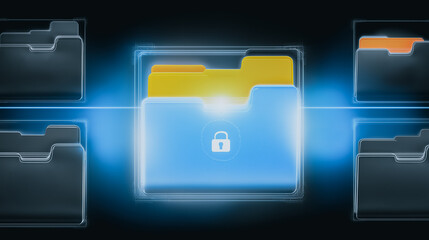Fototapete - Secure Digital Data: A vivid digital depiction of data security, with several file folders, a prominent locked folder symbol, and digital beams of light.