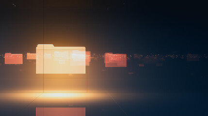 Fototapete - Data Storage and Organization: Abstract digital artwork of data folder. The glowing orange folders hover against the backdrop of a dark blue sky.