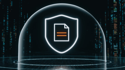 Poster - Digital Shield: A digitally rendered image depicting a secure document within a protective shield, symbolizing data protection and cybersecurity in a modern, technological context.