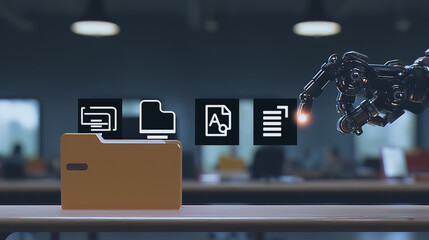 Poster - Digital Integration: A robotic arm gracefully interacts with a digital file folder, symbolizing seamless integration in the realm of technology.