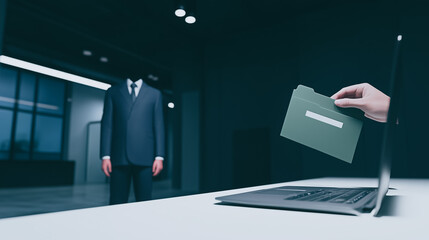Fototapete - Digital Document Exchange: A surreal, artistic depiction of a faceless individual receiving a digital file transfer, highlighting concepts of data security and online interaction.