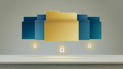 Fototapete - Secure Data Folders: Digital data storage and protection concept, featuring a golden folder in the forefront, representing the secure and organized management of information.
