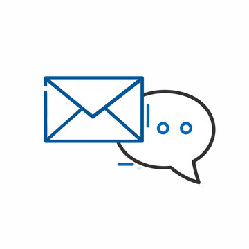 Icon featuring a blue envelope overlapping a black outlined speech bubble with two dots inside on a white background