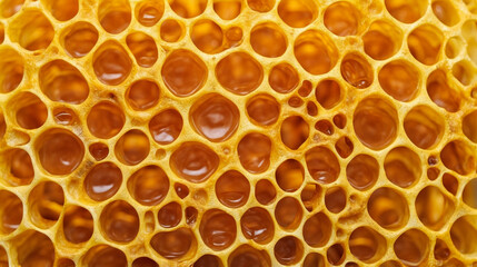 A macro photograph of golden honeycomb filled with fresh honey, highlighting natural texture and vivid color