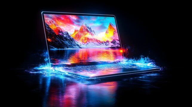 Laptop showcasing vibrant mountain scenery, glowing energy effects, dark background, technology advertisement