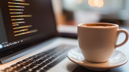 Poster - Warm coffee sits beside an open laptop displaying lines of code in a cozy workspace during the afternoon
