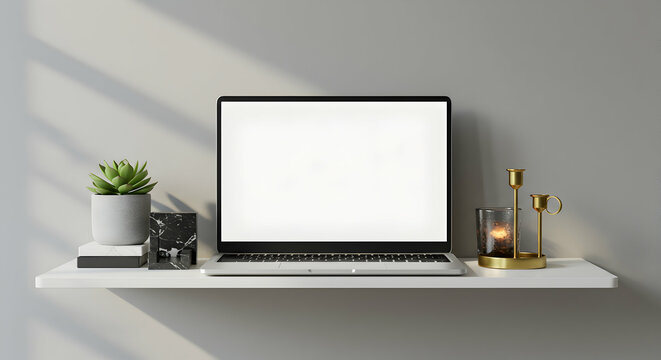 Modern minimalist workspace laptop mockup clean design home office productivity technology blank screen background