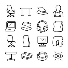 Poster - Office ergonomic equipment outline icons like chair, desk and computer in clear, minimalist black and white graphic.