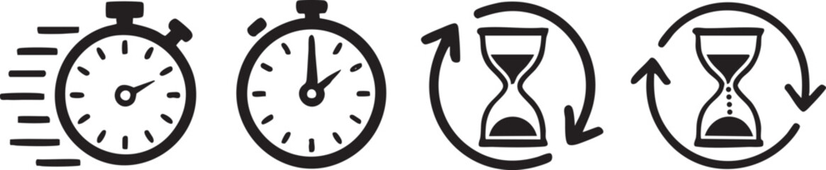 Poster - Time Icon Set Vector Illustration: Stopwatch and Hourglass Symbol Collection for Speed, Duration, and Deadline Design Projects with Modern and Minimalist Aesthetics