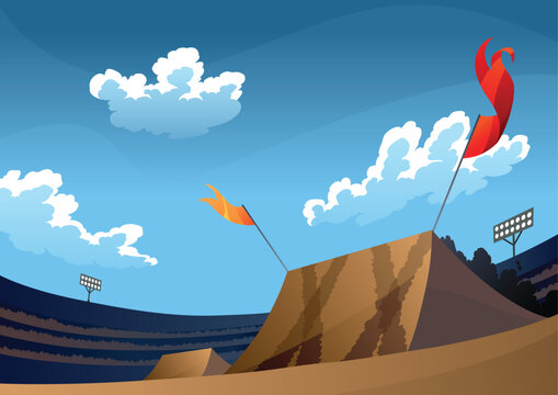 Background for jumping monster truck show. Burning springboards for car with large tires, rally 4x4 computer or mobile game. Vector cartoon illustration