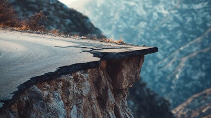 Poster - Seismic waves are fracturing a mountain road, creating a dangerous cliff and highlighting the destructive power of earthquakes in geological formations