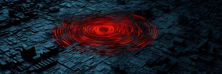 Poster - Red seismic waves are expanding in concentric circles from the epicenter of an earthquake on a dark textured surface, representing the power and destruction of nature