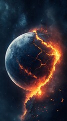Poster - Violent seismic tremors splitting planetary crust, ejecting molten magma into cosmic void, generating apocalyptic stellar devastation transforming galactic landscape in fiery upheaval
