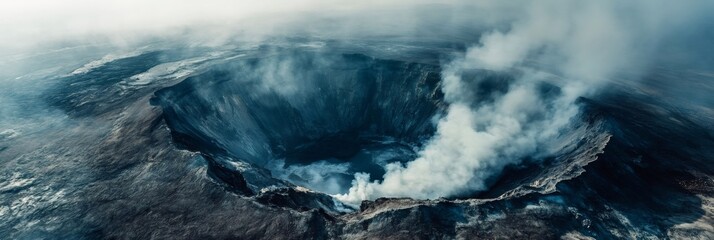 Poster - Volcanic crater steaming after powerful eruption, revealing barren landscape with smoking peaks against rocky terrain, showcasing raw geological power from high altitude perspective