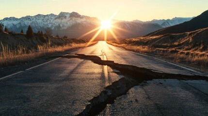 Poster - Seismic waves fracturing an asphalt road in a mountainous area at sunset, creating extensive damage and disruption to the landscape and transportation infrastructure