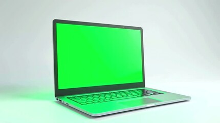 Fototapete - 3d animation of laptop with green screen mockup, chroma key lap top computer front view rotation motion graphics element on white shaded background, graphic animated clean atmosphere solid background